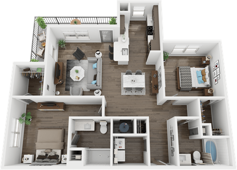 A 3D floor plan of a house with multiple rooms and furniture.